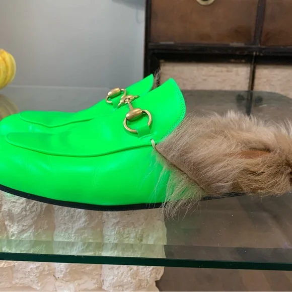 Neon green fur lined Gucci slip ons - Picture 5 of 10